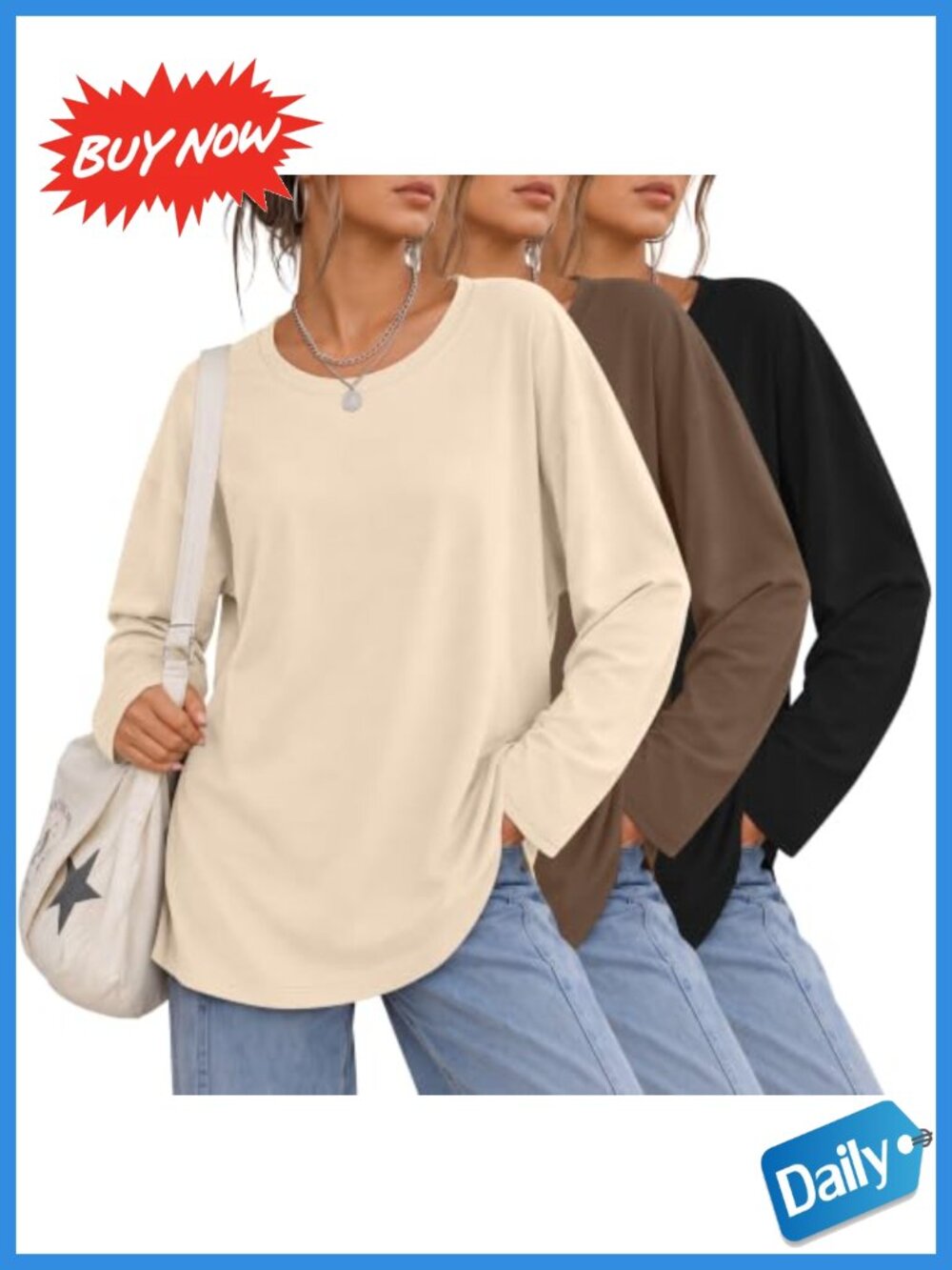 Oversized Long Sleeve Cotton T-Shirts 3 Pack Round Neck Tees